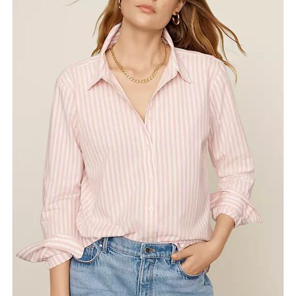 New Ann Taylor Small Pink Cream Weekend Stripe Relaxed Perfect Shirt Long Sleeve - Picture 10 of 10